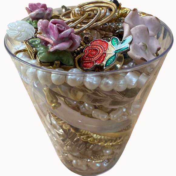 Mixed Vintage Jewelry Lot W/ Enamel Roses Pearl Beads & Gold Tone, Retro, 90's - Picture 2 of 9
